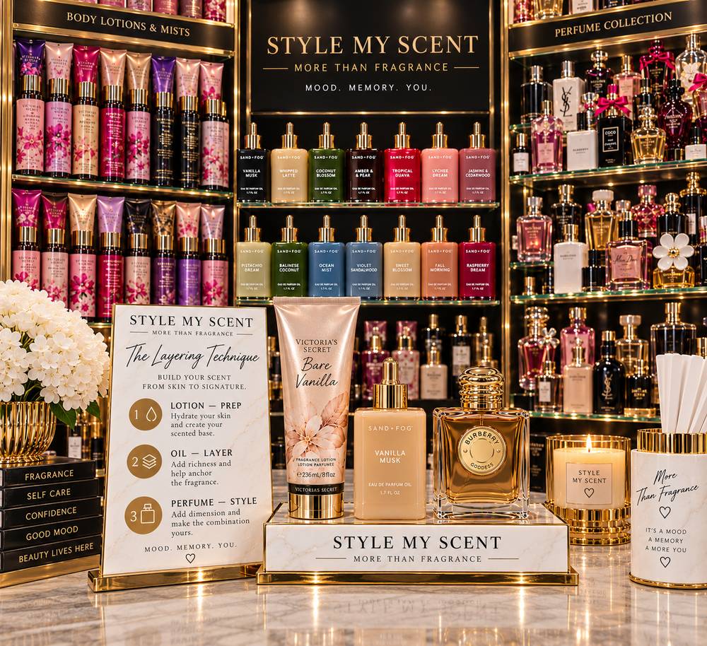 Style My Scent layering technique — lotion, fragrance oil and perfume with real collection display